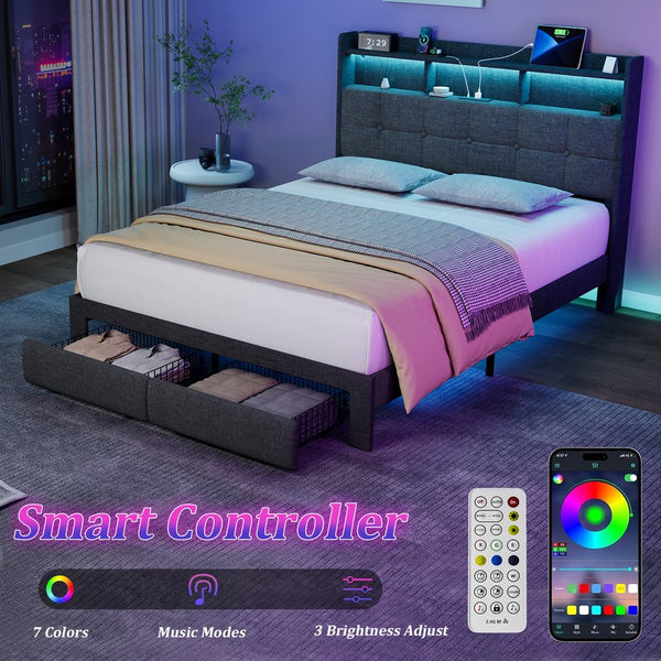 English Elm Queen LED Bed Frame with Linen Headboard, 2 Drawers, Fast Charging Ports, Remote RGB Nightlight W1550P190362
