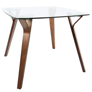 English Elm Dining Set with Tempered Glass Top Walnut Metal Legs and Blue Upholstered Seating B202S01425
