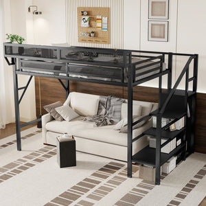 English Elm Twin Xl Loft Bed With Stairs & Storage Shelves, Metal High Bed For Teens & Small Spaces, Black W2580S00049-GIGA