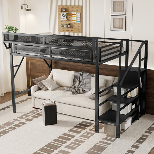 English Elm Twin Xl Loft Bed With Stairs & Storage Shelves, Metal High Bed For Teens & Small Spaces, Black W2580S00049-GIGA