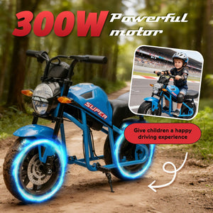 English Elm 24v300w Kids Electric Muscle Motorcycle with Dual Suspension Wide Eva Tires and Twist Throttle Blue W1578P382506