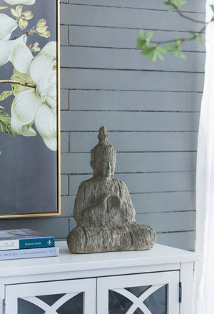 English Elm 13x6.5x17" Polyresin Buddha — Earthy Cream Finish, Weathered Carved-Wood Look for Calm Décor, Shelf Accent W2078P360880