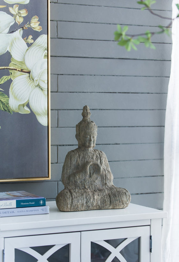 English Elm 13x6.5x17" Polyresin Buddha — Earthy Cream Finish, Weathered Carved-Wood Look for Calm Décor, Shelf Accent W2078P360880