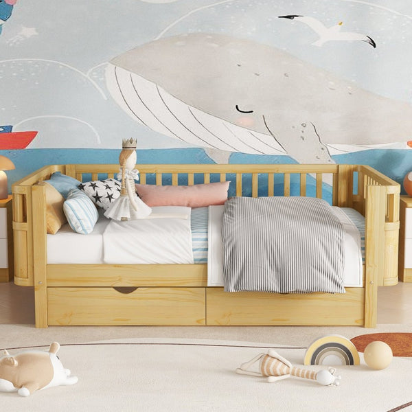 English Elm Twin Kids Platform Bed Teddy Fabric Upholstered with Bunny Cushions and Safety Rails W2593P395956
