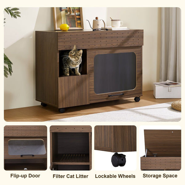 English Elm 2 IN 1 Multi-use Cat Litter Box Enclosure Walnut Side Table with Storage, Mid-Century Modern Buffet Cabinet, Flip-Up Door, Rollers, Large Capacity — 35.5"L x16.3"W x27.2"H N843P254845W