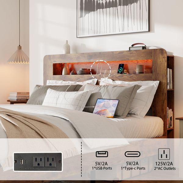 English Elm Bed Frame Queen Size - Stylish Wood Platform With Led Headboard, Usb Charging, And Storage Space W636P318036