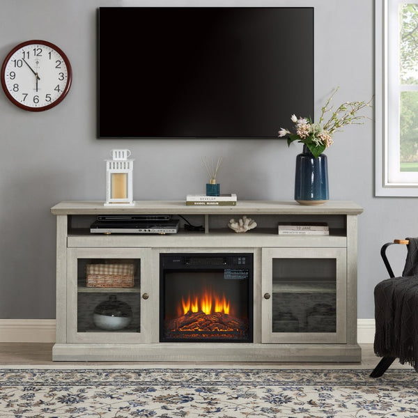 English Elm Contemporary Stone Gray Media Console with Electric Fireplace Insert for Living Rooms W2275S00042
