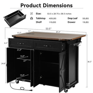 English Elm K&K Farmhouse Kitchen Island Cart 53.5" with Drop Leaf, Built-In Power Station, Ample Storage & Wheels Black N707P170348B