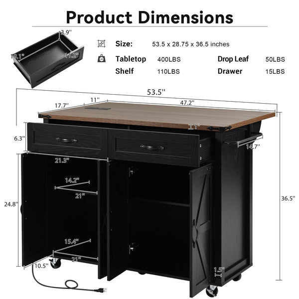 English Elm K&K Farmhouse Kitchen Island Cart 53.5" with Drop Leaf, Built-In Power Station, Ample Storage & Wheels Black N707P170348B