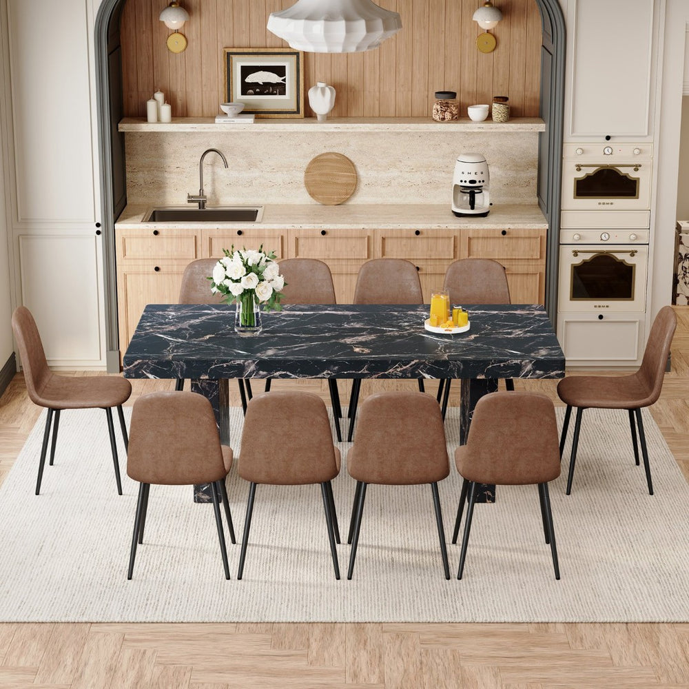English Elm Table and Chair Set Seats 10 with Marble Mdf Top Brown Fabric Dining Chairs W1151S04099