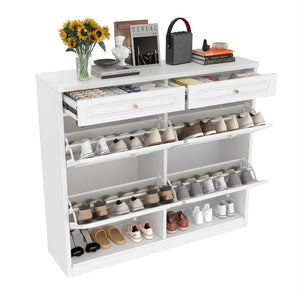 English Elm Wooden Farmhouse Entryway Shoe Cabinet with Six Drawers for Organized Hallway Storage Light White W1580P402825