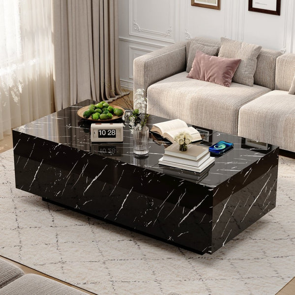 English Elm Coffee Table with Led Lighting Bluetooth Speaker Wireless Charging and Faux Marble Top T3773P415730