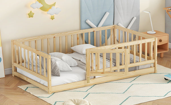 English Elm Twin Oak Montessori Floor Bed with Fence & Door, Twin Slatted Pine Frame, Low Profile for Kids (Natural) W1820P349300