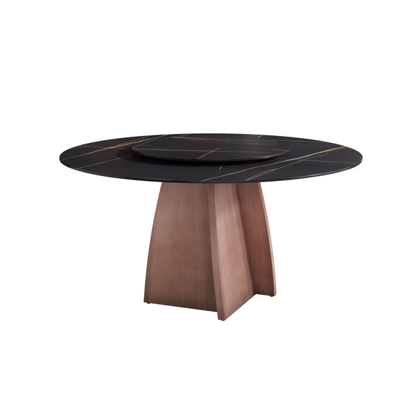 English Elm 59.05" Round Marble Dining Table For 6-8 People With Iron Base & Black Stone Turntable - Modern Elegance W1535S00485