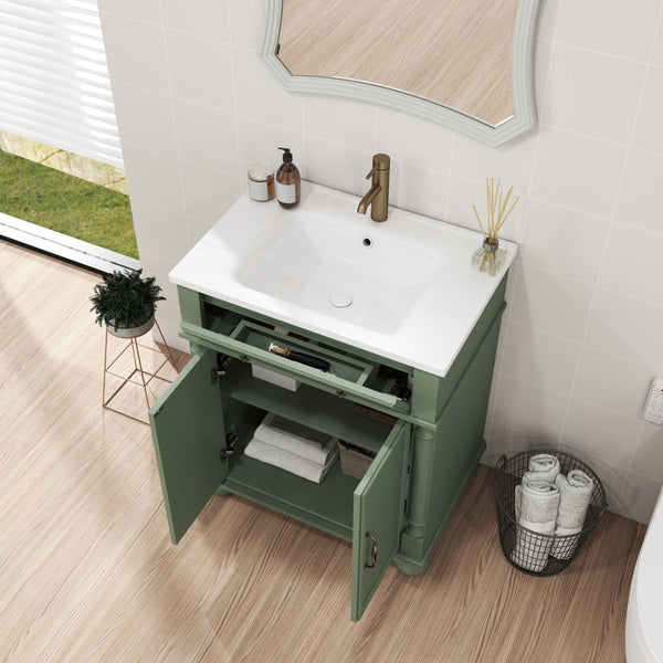 English Elm 27.8" Mid-century Freestanding Bathroom Vanity with Ceramic Sink Drawer and Wood Base Green W1801S00007