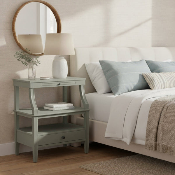 English Elm Newland Midnight Storage Nightstand with Drawer, Pull-Out Tray & Ample Shelves in Elegant Blue Finish Antique Gray B05063818