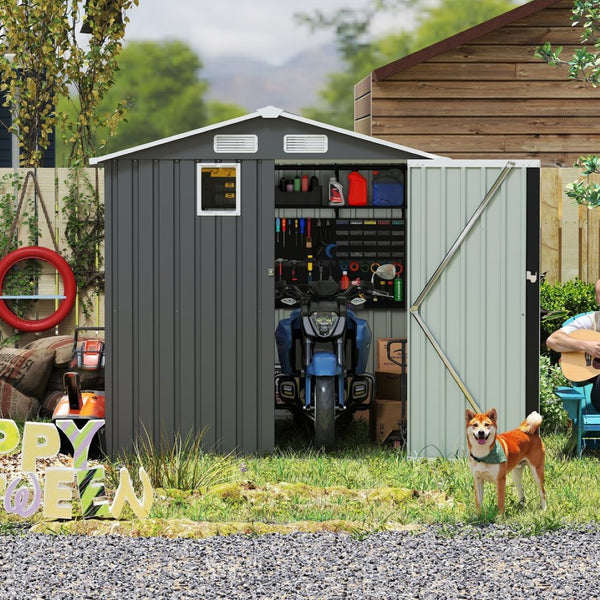 English Elm 6x8ft Outdoor Steel Storage Shed Lockable Vented Galvanized Metal Garden Backyard Tool Unit Dark Gray W1598P361333