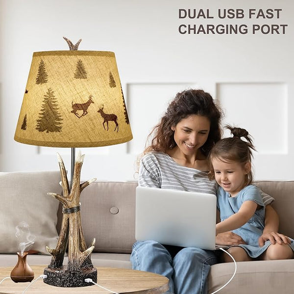 English Elm Farmhouse Deer Antler Table Lamps Set of 2 — Rustic Touch Dimmable Nightstand Lamps with Dual USB Ports W3355P391473