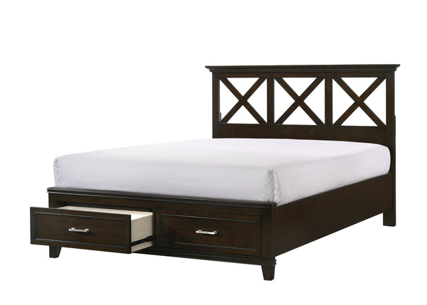 English Elm Queen X Storage Bed with Built-In Drawers, Solid Poplar & Rubberwood Frame, Transitional Headboard Design Mahogany 87.25 L x 13.5 W x 6.25 H B2699S00031
