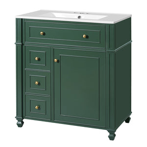 English Elm Bathroom Vanity with Sink French-Inspired 30" Ceramic Basin Vanity Cabinet with Soft-Close Doors & Drawer Organizer Green N710P286723F