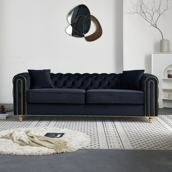 English Elm 86'' Luxury Modern Tufted Sofa with Gold Trim, Velvet Upholstery, Pocket Spring Comfort & 750lb Support Black W579P303656