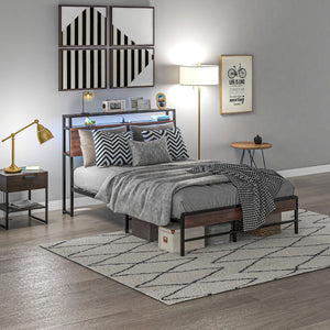 English Elm HOMCOM Full Size Bed Frame with LED RGB Headboard, Built-In Charging Station and 3-Tier Shelf Walnut W2225P249911
