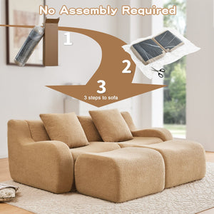 English Elm Soft Teddy Fabric Boneless Sofa with Ergonomic Curved Armrests, 32D High-Density Sponge Comfort and Anti-Slip Base Camel W714S01430