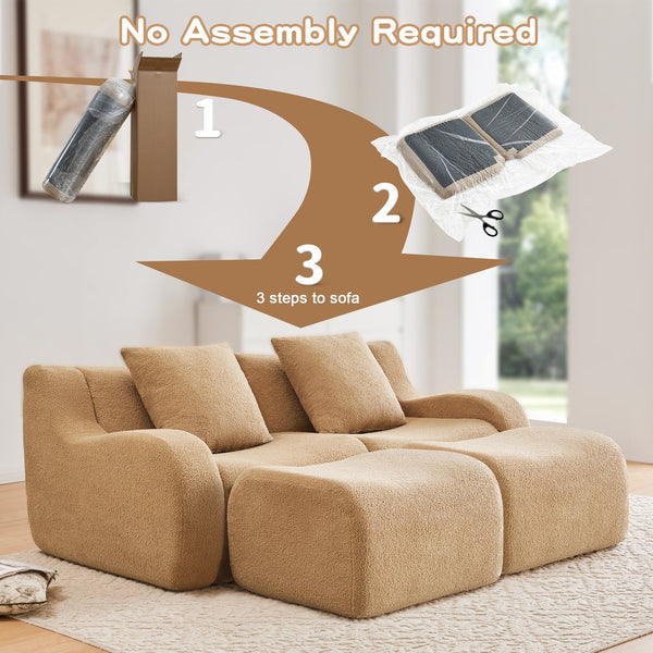 English Elm Soft Teddy Fabric Boneless Sofa with Ergonomic Curved Armrests, 32D High-Density Sponge Comfort and Anti-Slip Base Camel W714S01430