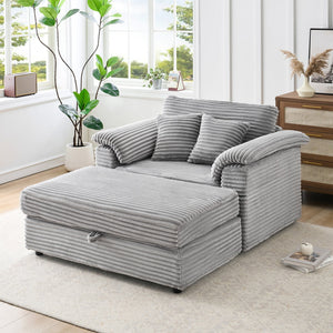 English Elm 47.24-inch corduroy armchair with storage ottoman and USB ports, spring seat, solid wood frame lounge Gray W3356S00021