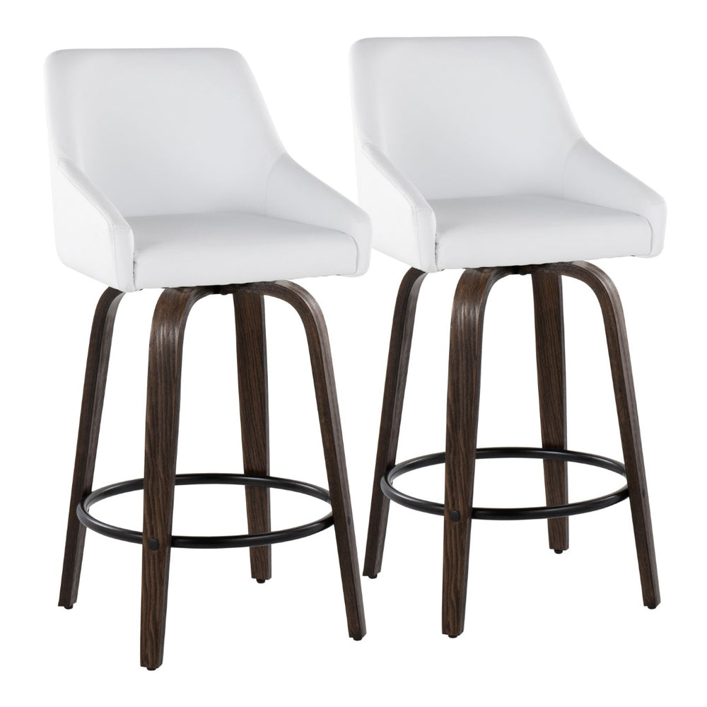 English Elm 26" Swivel Counter Stools Walnut Bentwood Gold Accents White Faux Leather Set of 2 B202S01835