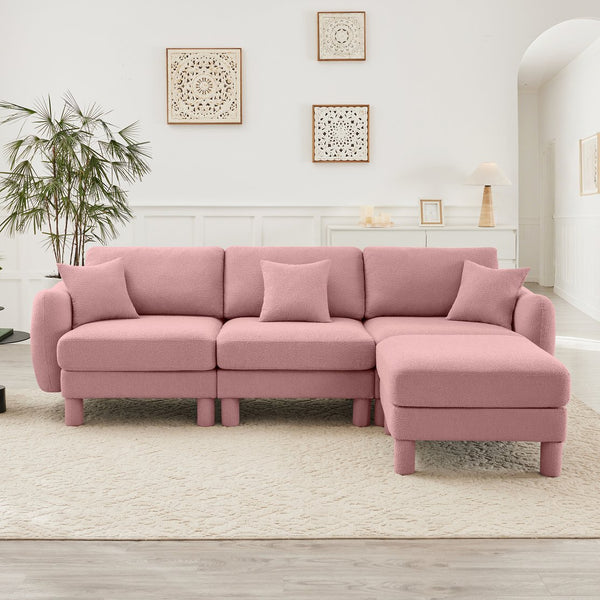 English Elm Boucle Fabric L-Shaped Sectional Sofa With Shell Armrests & Removable Ottoman In Soft Pink Elegance W3041S00293