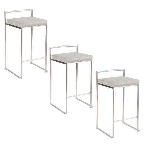 English Elm Fuji Stackable Counter Stool Set Of 3 - Modern Brushed Stainless Steel & Light Grey Cowboy Fabric B202P221939