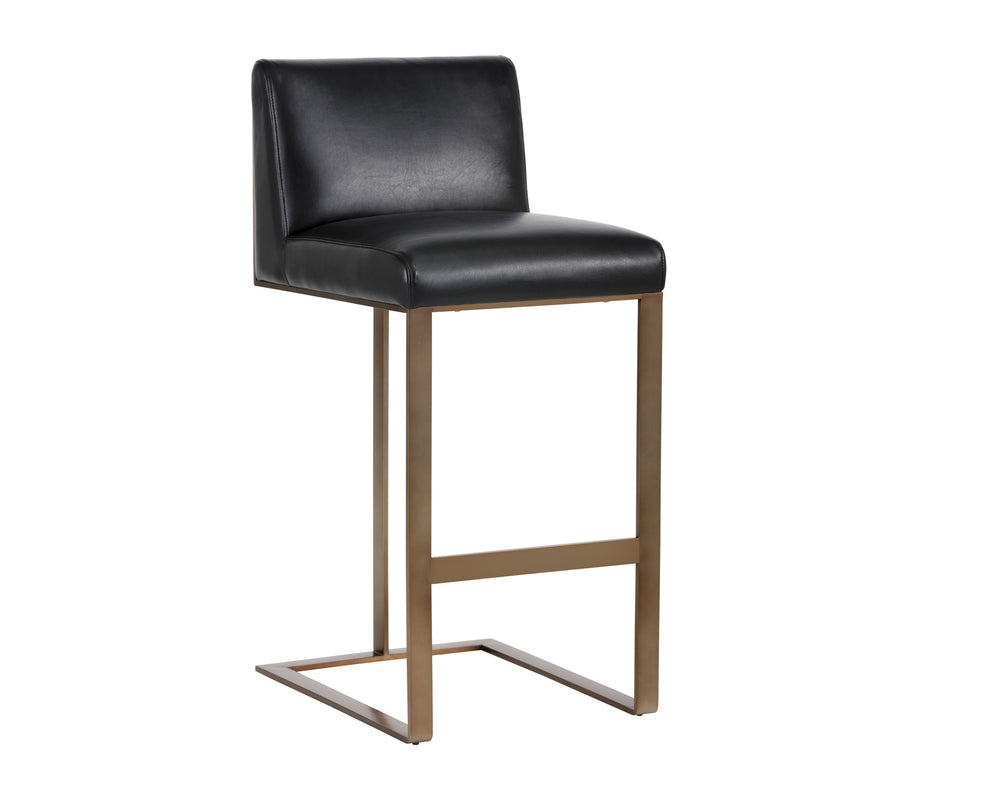 Sunpan Dean Bar Stool with Exposed Brass Frame and Luxurious Bonded Leather for Stylish Spaces Antique Brass / Cantina Black