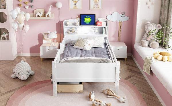 English Elm Wood Twin Size Platform Bed with Built-in LED Light, Multifunctional Headboard, Guardrail & Storage Drawers White N709P243969K