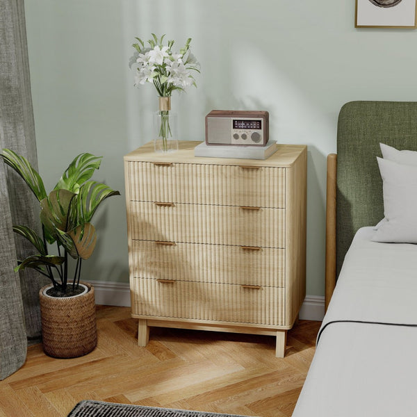 English Elm Homcom Fluted 4 Drawer Chest with Gold Pulls Rubberwood Legs Bedroom Storage W2225P485630