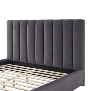 English Elm Full Queen Platform Bed Wingback Upholstered Frame Channel Tufted Fabric Headboard W2582S00059
