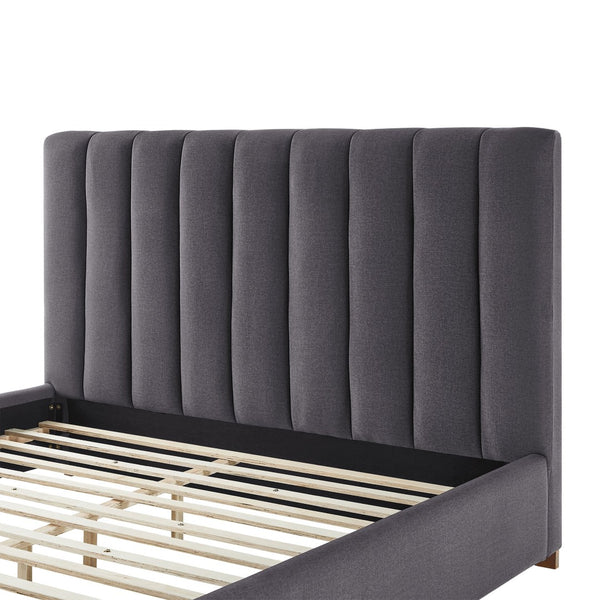English Elm Full Queen Platform Bed Wingback Upholstered Frame Channel Tufted Fabric Headboard W2582S00059