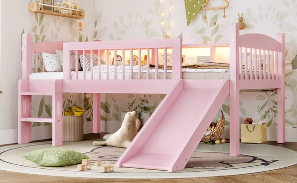 English Elm Twin Xl Solid Pine Loft Bed with Built-in Led Lighting and Storage Shelves Pink W1580S00365