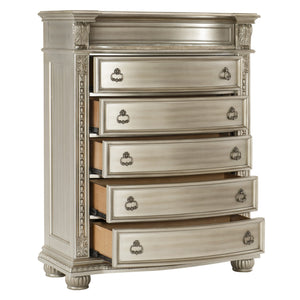 English Elm Silver Luxury Cavalier 5-Drawer Chest with Genuine Marble Top, Silver Finish & Ornate European Carvings B011P366065