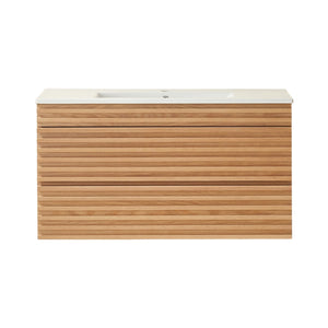 English Elm 36" Wall Mounted Floating Single Vanity Natural Walnut with Ceramic Sink, 2 Drawers, Fully Assembled Elegance W1826P308971