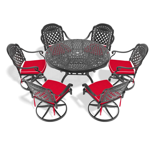 English Elm 7-Piece All-Weather Cast Aluminum Dining Set With 6 Cushioned Swivel Chairs & Round Table Design W1710S00314