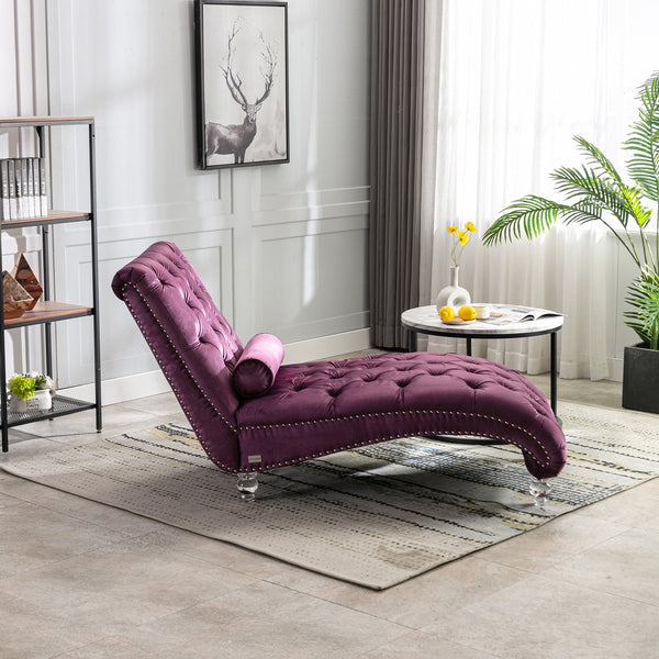 English Elm Velvet Curved Chaise Lounge Sofa with Button-Tufted Back, Thick Foam Comfort and Acrylic Legs for Living Room Relaxation Purple W39538679