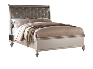 English Elm Silver Tufted Faux Leather Headboard Queen Bedframe with Crystal Shine Buttons, Nail Trim, Sturdy Bun Feet Champagne,Silver 10 L x 87 W x 6 H B011S01834