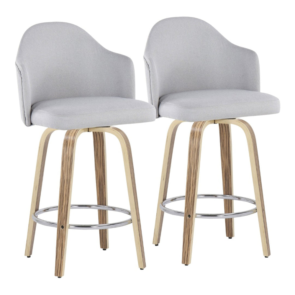 English Elm Fixed-height Swivel Counterstools Mahogany Wood Chrome Footrest Velvet Seat Set of 2 Light Grey B202S01781