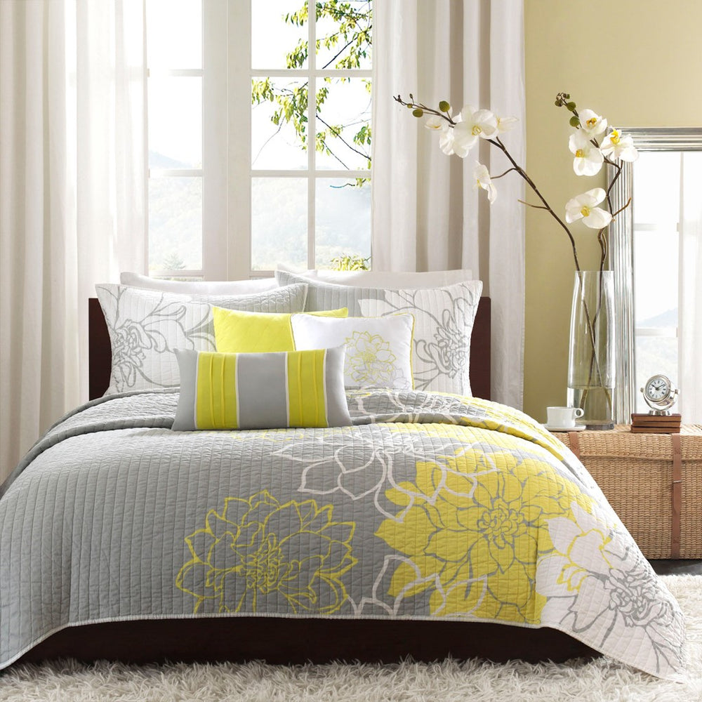 English Elm 6 Madison Park Lola Cotton 6-Piece Reversible Floral Quilt Set with Embroidered Pillows, OEKO-TEX Certified Yellow+Grey 22.83 L x 18.11 W x 14.17 H B03597468