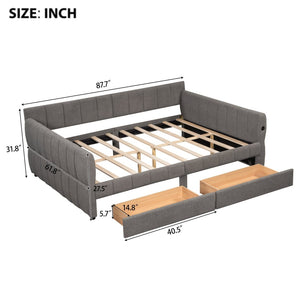 English Elm Queen Lambswool Platform Bed with Usb Charging Armrests and Under Storage Drawers Gray N7500000601E