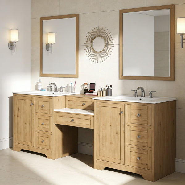 English Elm 84" Double Sink Vanity with Stone Countertop Six Soft Close Drawers and Silver Knobs Wood N817P404196B