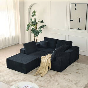 English Elm 139.3" Modular Sectional Sofa - Cloud-Like Boneless Corduroy Couch with Ottoman, 2 Pillows, No Assembly Black W2656S00007