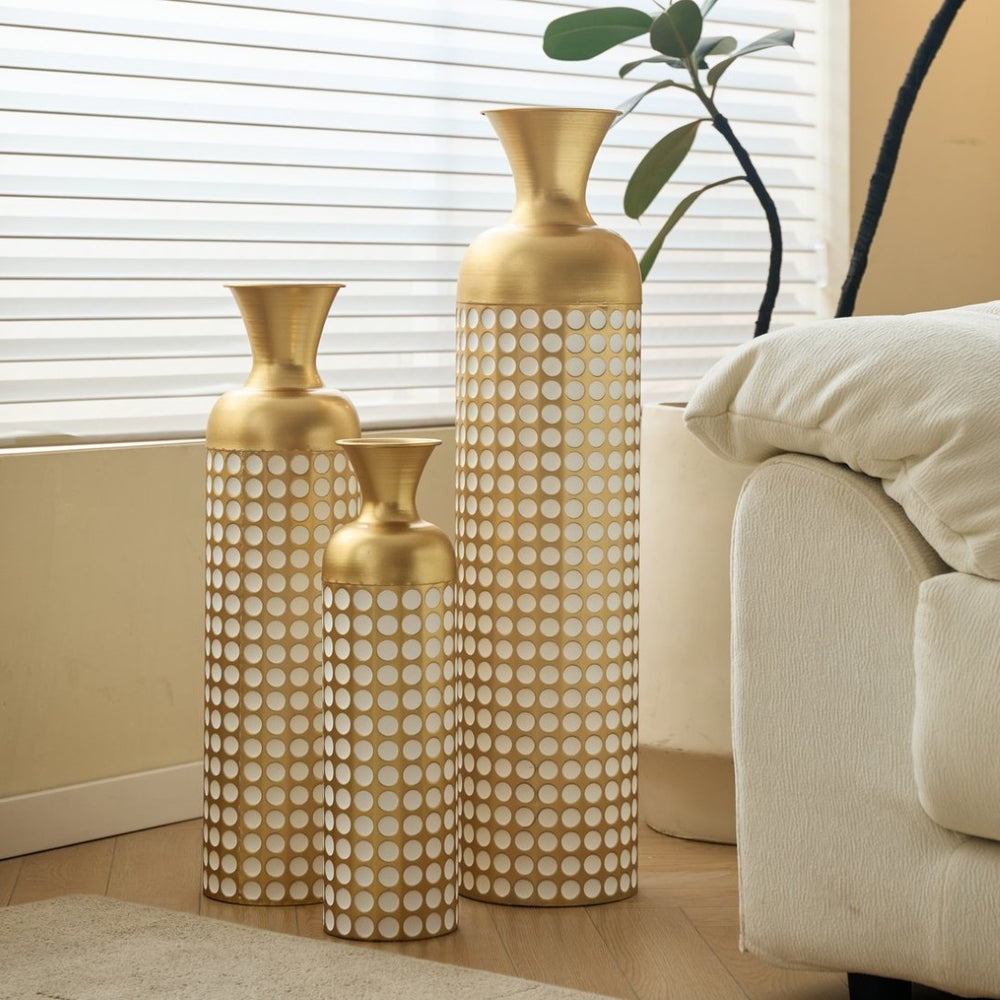 English Elm Metal Floor Vase Set of Three Golden Sculptural Cylinders for Modern Living Spaces W2796P386880