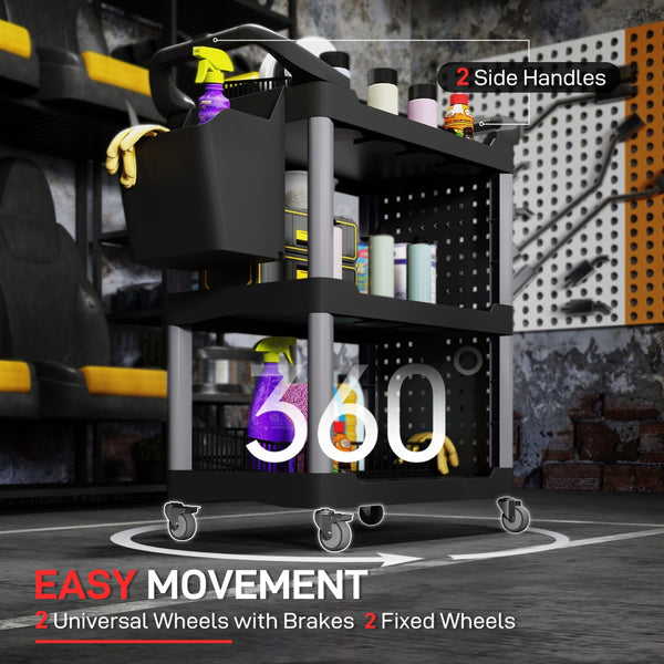 English Elm Capacity 3-tier Rolling Plastic Workshop Cart with Hooks Bucket and Locking Wheels T3971P412584
